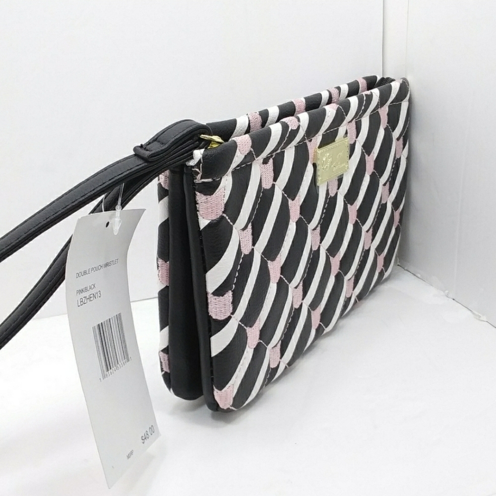 Betsey Johnson Double Pouch Wristlet Wallet Cats Black White Stripes New w/ Tags - Picture 6 of 16
